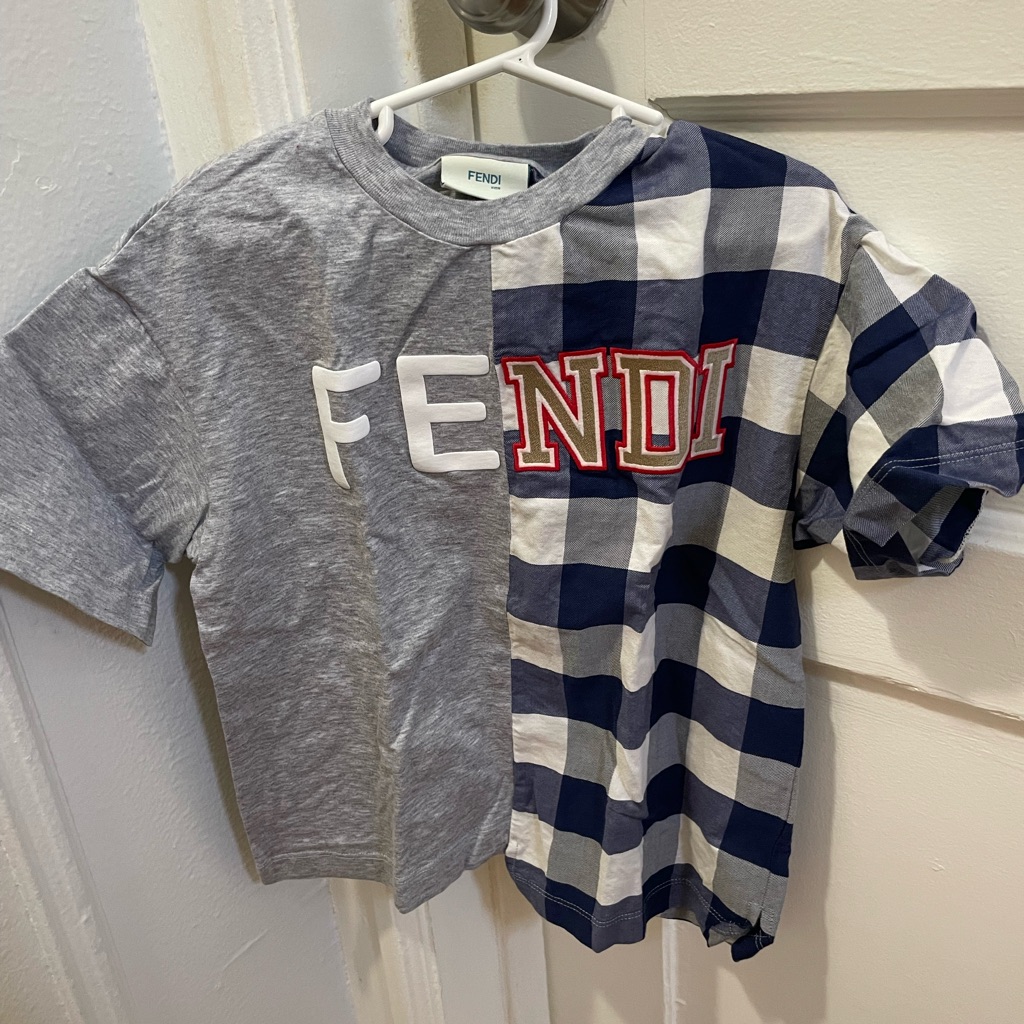 Fendi Kids Split Gray And Blue Checkered Tee